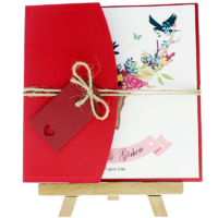 kare - Açık Davetiye Zarfı - Kare-Kırmızı- İpli, Kırmızı Etiketli