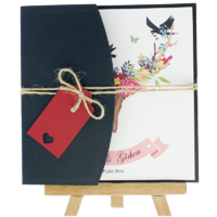 kare - Açık Davetiye Zarfı - Kare-Lacivert-  İpli, Kırmızı Etiketli