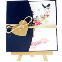 kare - Açık Davetiye Zarfı - Kare-Lacivert-  İpli, Kraft Kalpli