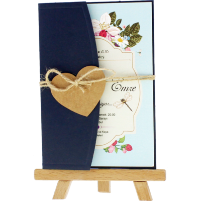 Açık Davetiye Zarfı - Kartpostal-Lacivert- İpli, Kraft Kalpli